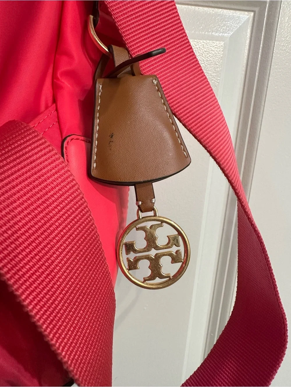 Tory Burch Hot Pink Nylon Backpack with Brown Leather Handle